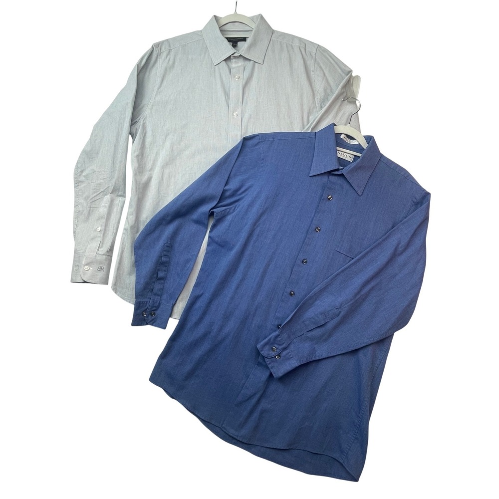 2 Men Dress Shirts Banana Republic SlimFit Grey Stripe L VanHeusen Blue 15 1/2‎